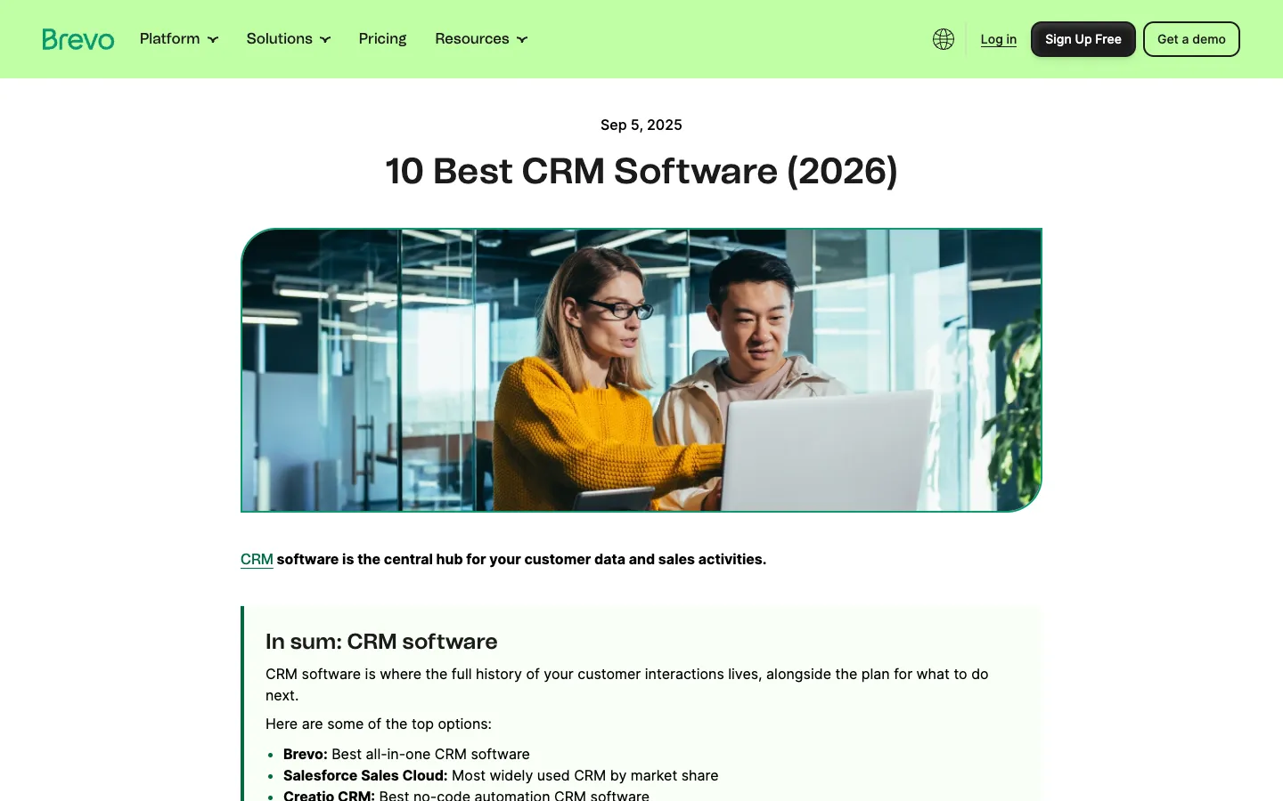 Brevo blog post titled 10 Best CRM Software (2026)