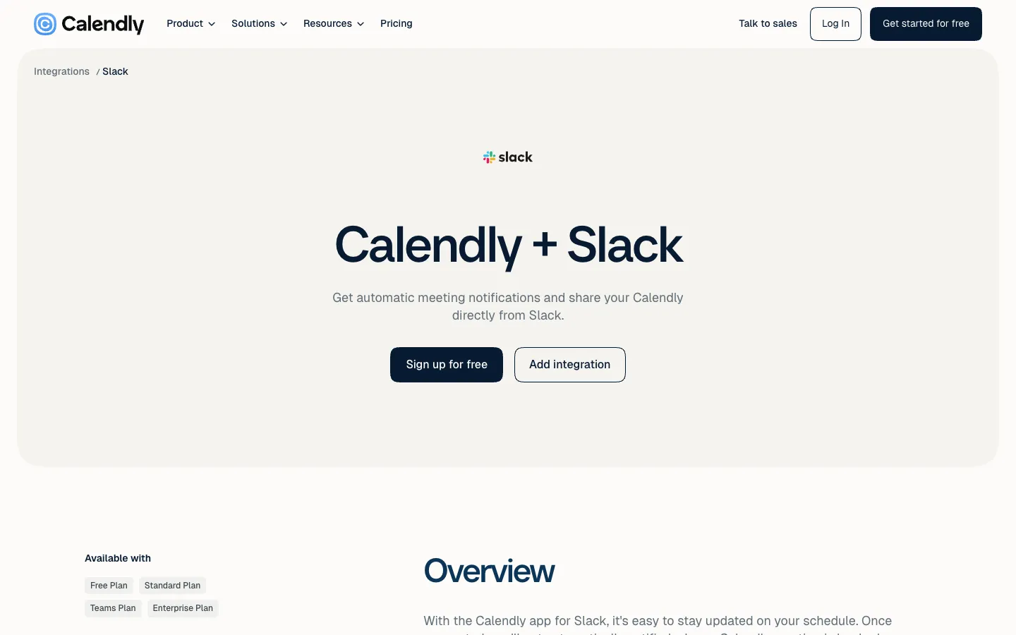 Calendly integration page titled Calendly + Slack