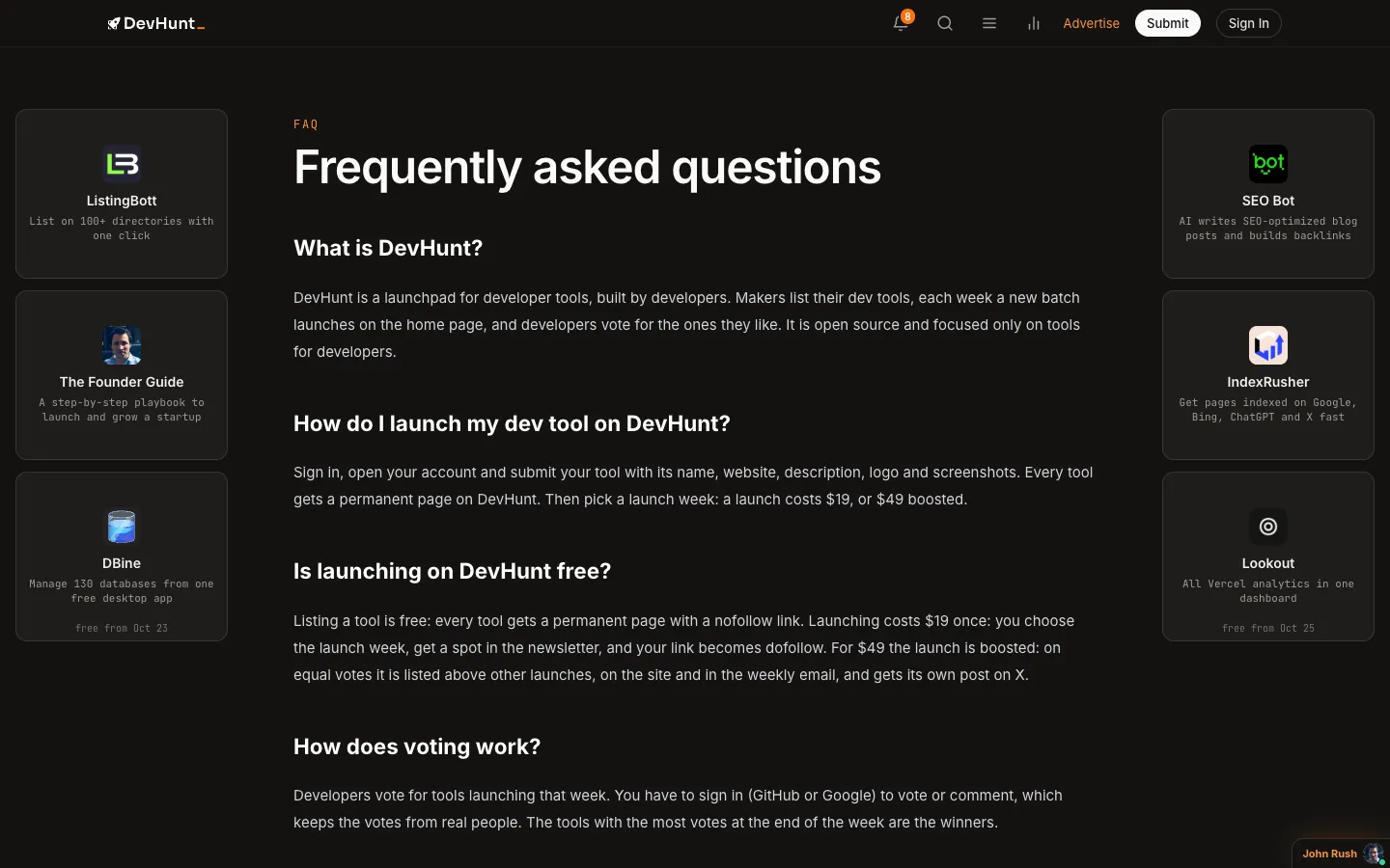 DevHunt FAQ page explaining free listings and $19 launches