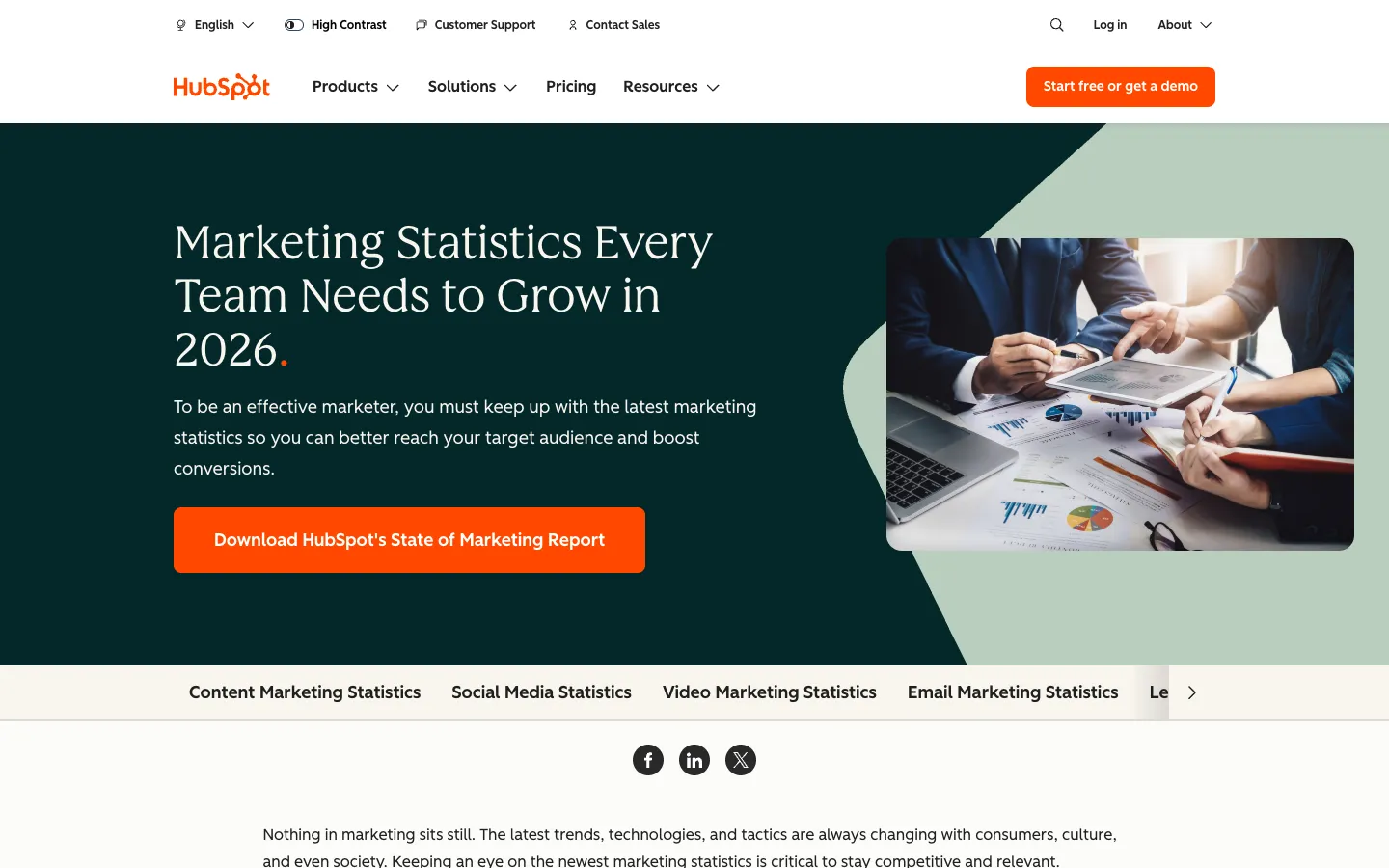 HubSpot page titled Marketing Statistics Every Team Needs to Grow in 2026
