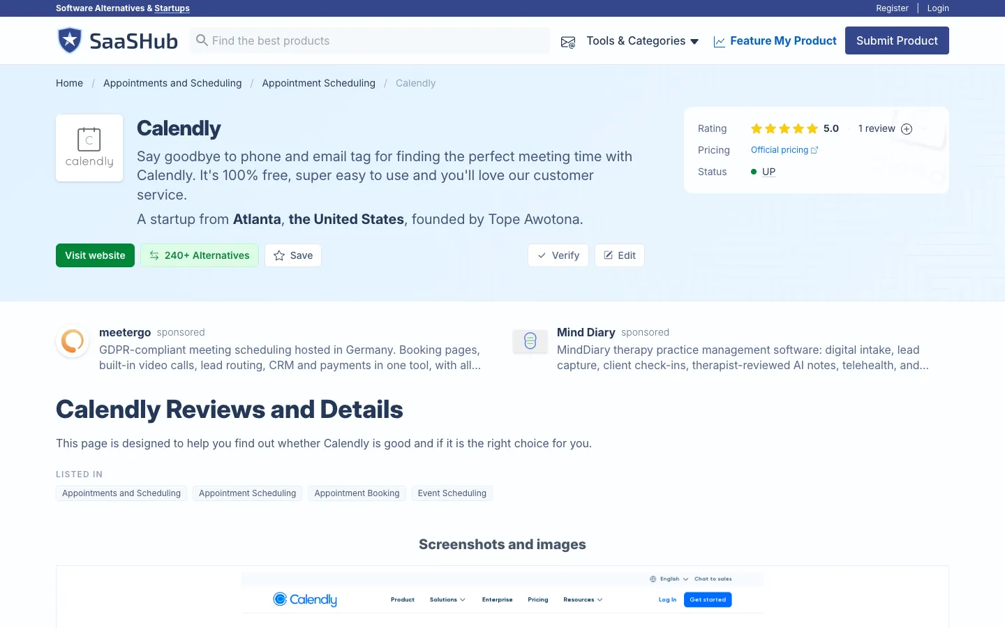 SaaSHub listing page for Calendly with a Visit website button