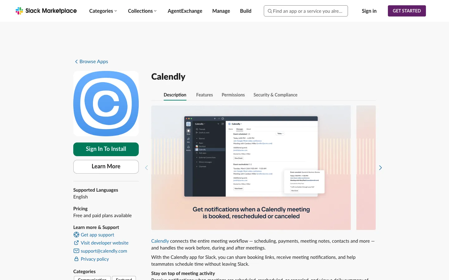Slack Marketplace listing for the Calendly app